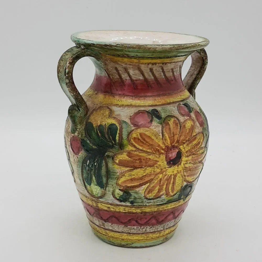 Made in Italy hand painted floral Bud Vase two handle vintage